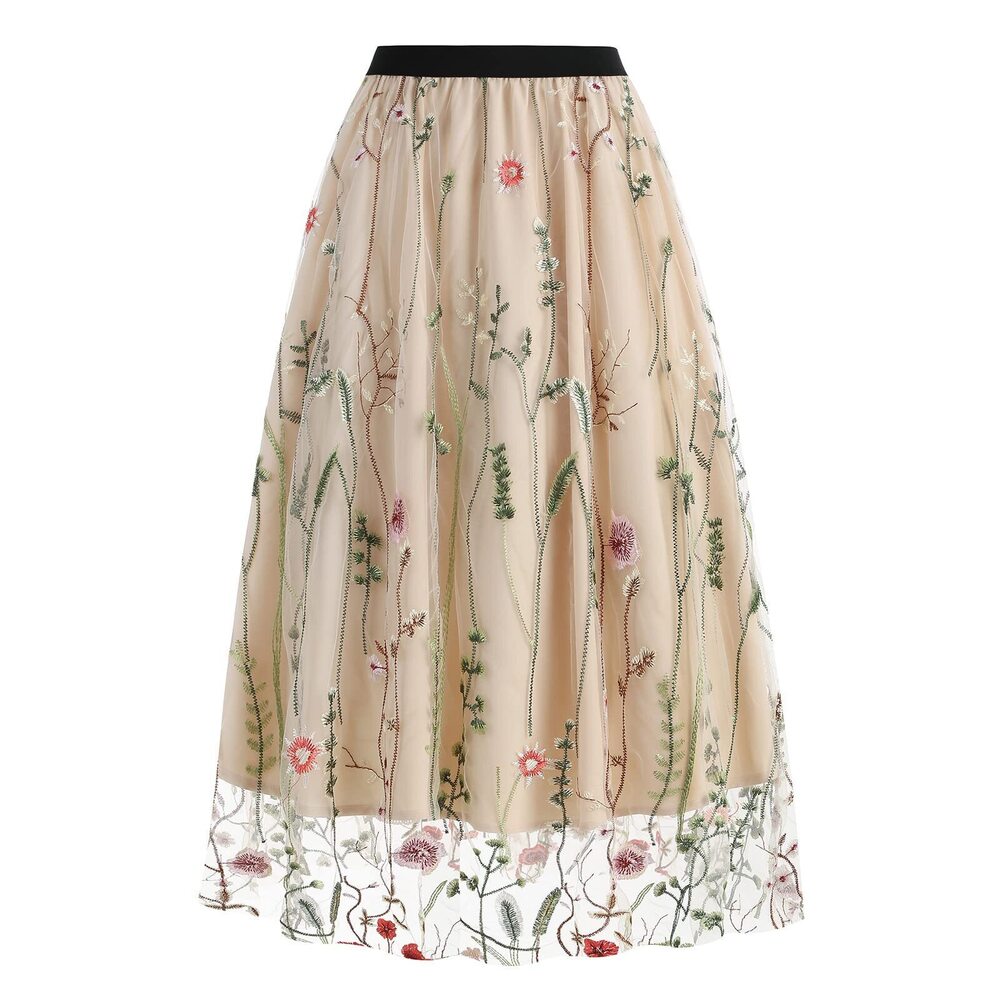 4544 Vintage Floral Embroidered Tulle Midi Skirt 50s Party Elastic High